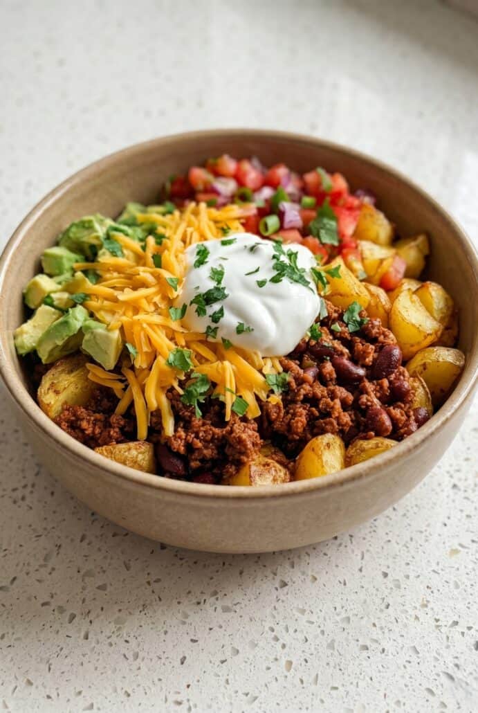 Loaded Potato Taco Bowl with crispy potatoes, taco meat, avocado, cheese, pico de gallo, and sour cream in a bowl for an easy high-protein meal.