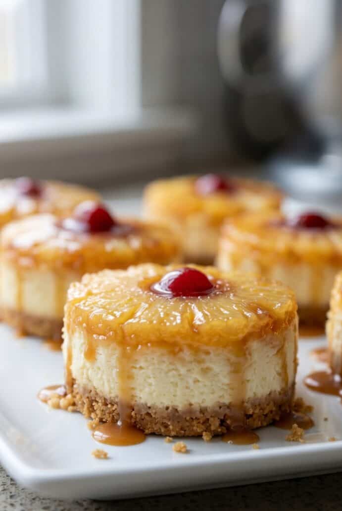 Mini pineapple upside-down cheesecakes with cherry topping and caramel drizzle for dessert recipe.
