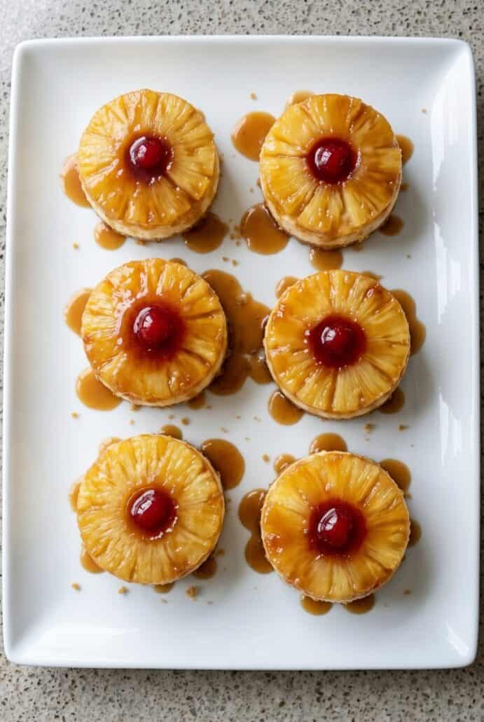 Mini pineapple upside-down cheesecakes topped with pineapple rings and maraschino cherries.