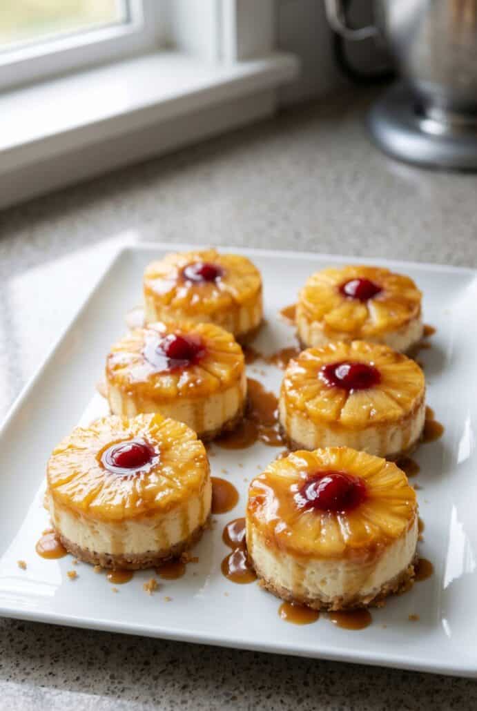 Mini pineapple upside-down cheesecakes with caramel drizzle and cherry topping.