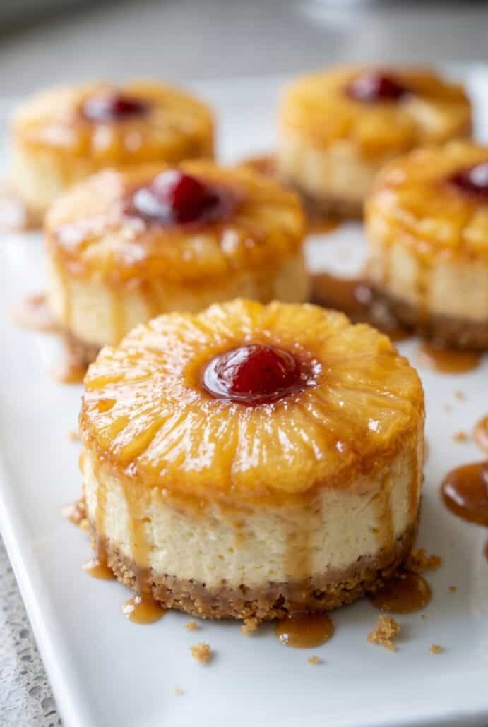 Mini pineapple upside-down cheesecakes with caramel and cherries on top.