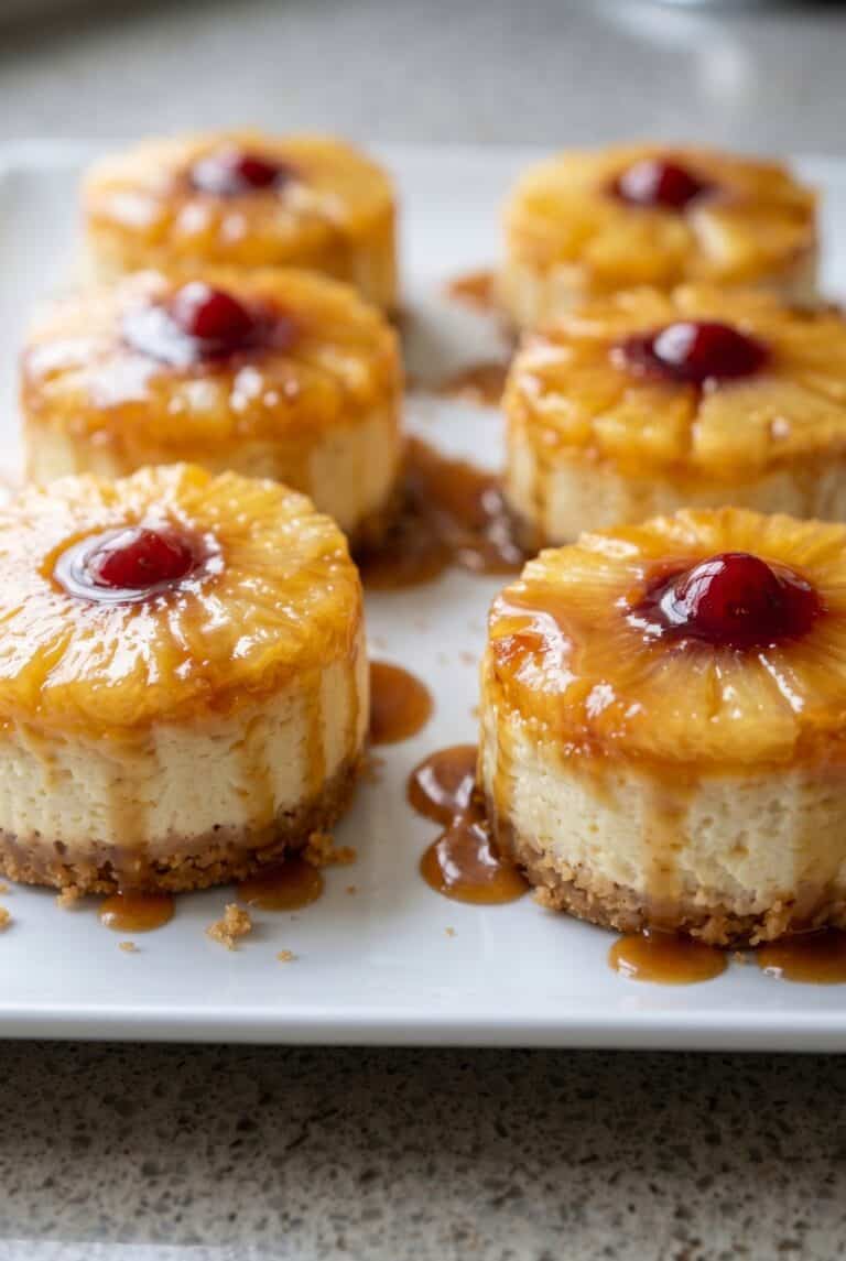 Mini pineapple upside-down cheesecakes with pineapple, cherry, and caramel topping.