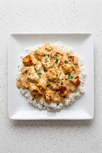 Creamy Smothered Chicken and Rice Recipe - Easy Weeknight Dinner Smothered chicken and rice with creamy sauce and parsley on a white plate.