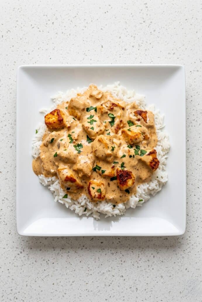 Smothered chicken and rice with creamy sauce and parsley on a white plate.