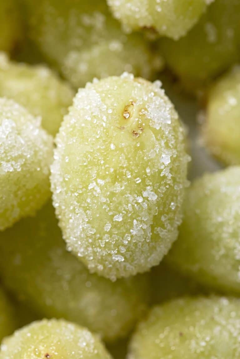 Sugar-coated frozen grapes for easy Sour Patch Grapes snack.