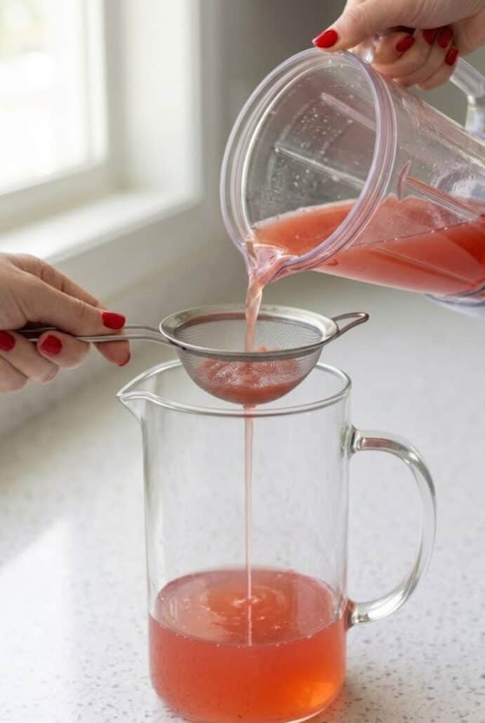 Straining homemade strawberry syrup into a pitcher, showing how to prepare fresh strawberry soda.