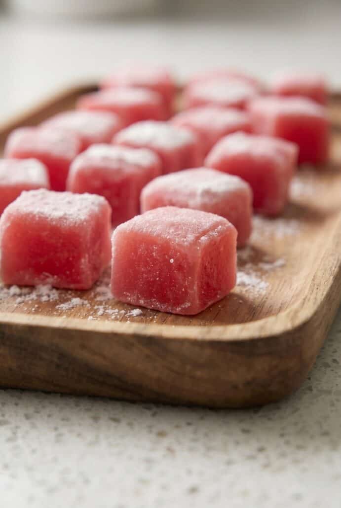Close-up of chewy watermelon mochi cubes on a wooden tray.
