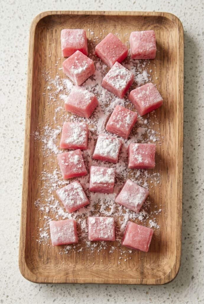 Sliced watermelon mochi pieces dusted with flour on a plate.