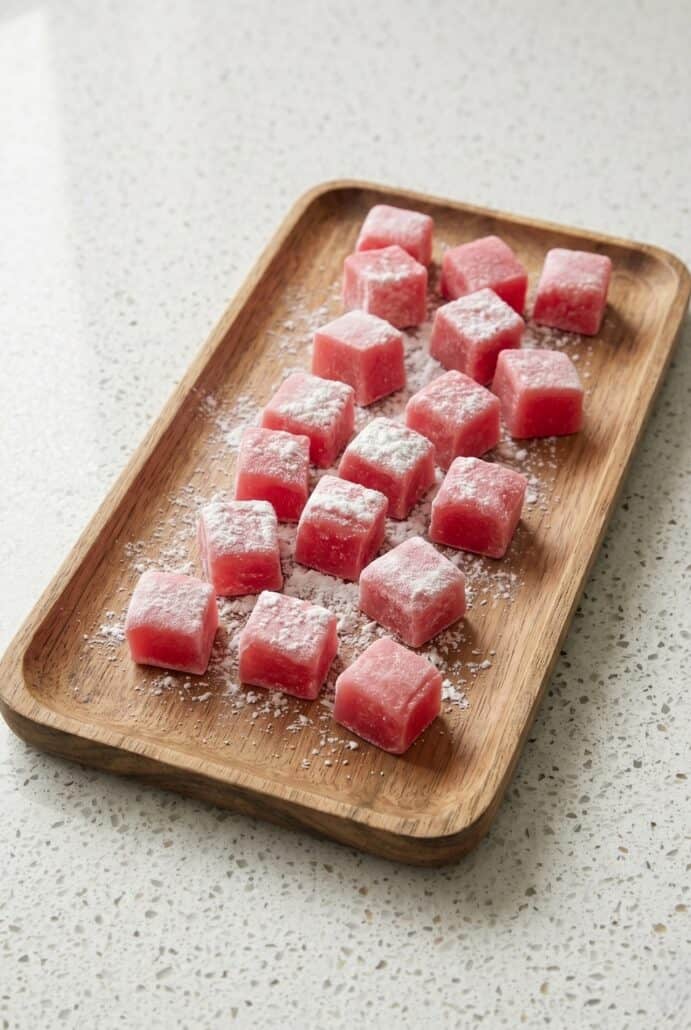 Watermelon mochi cubes served on a wooden plate.