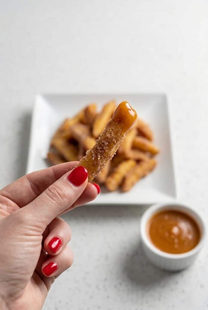 Hand holding a crispy air fryer apple fry with caramel sauce in the background.