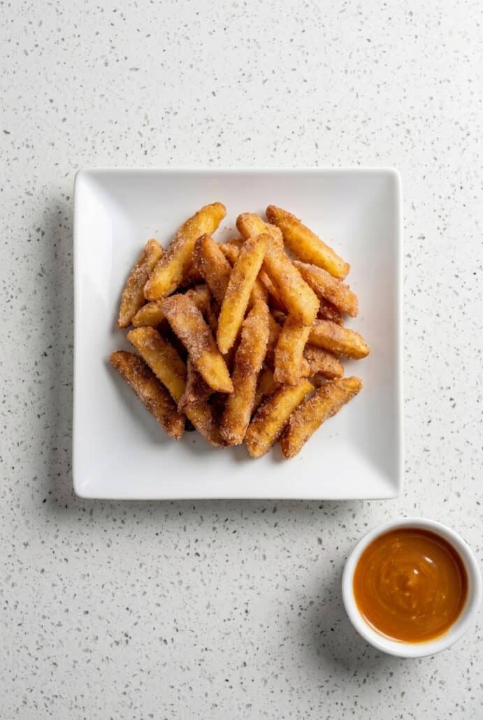 Air fryer apple fries piled on a plate with caramel sauce for dipping.