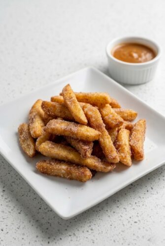 Air Fryer Apple Fries Recipe (Crispy, Sweet & Ready in Minutes!) Air fryer apple fries served with caramel sauce for dipping.