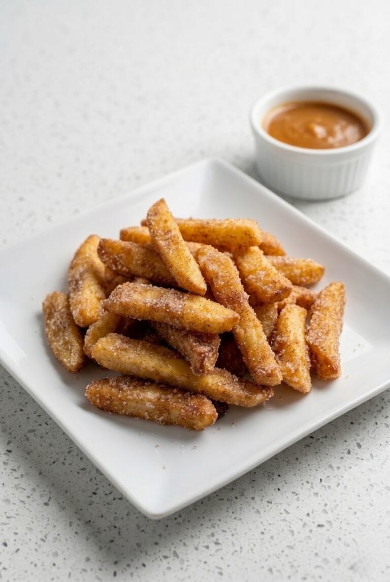 Air fryer apple fries served with caramel sauce for dipping.
