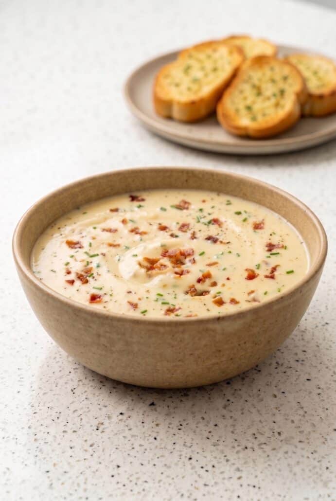 Bowl of creamy baked potato soup served with crispy bacon, chives, and bread on the side.