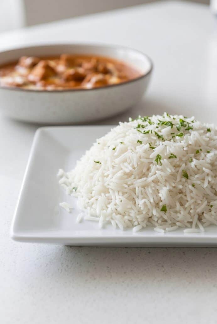 Fluffy basmati rice served with a flavorful curry for an easy complete meal.