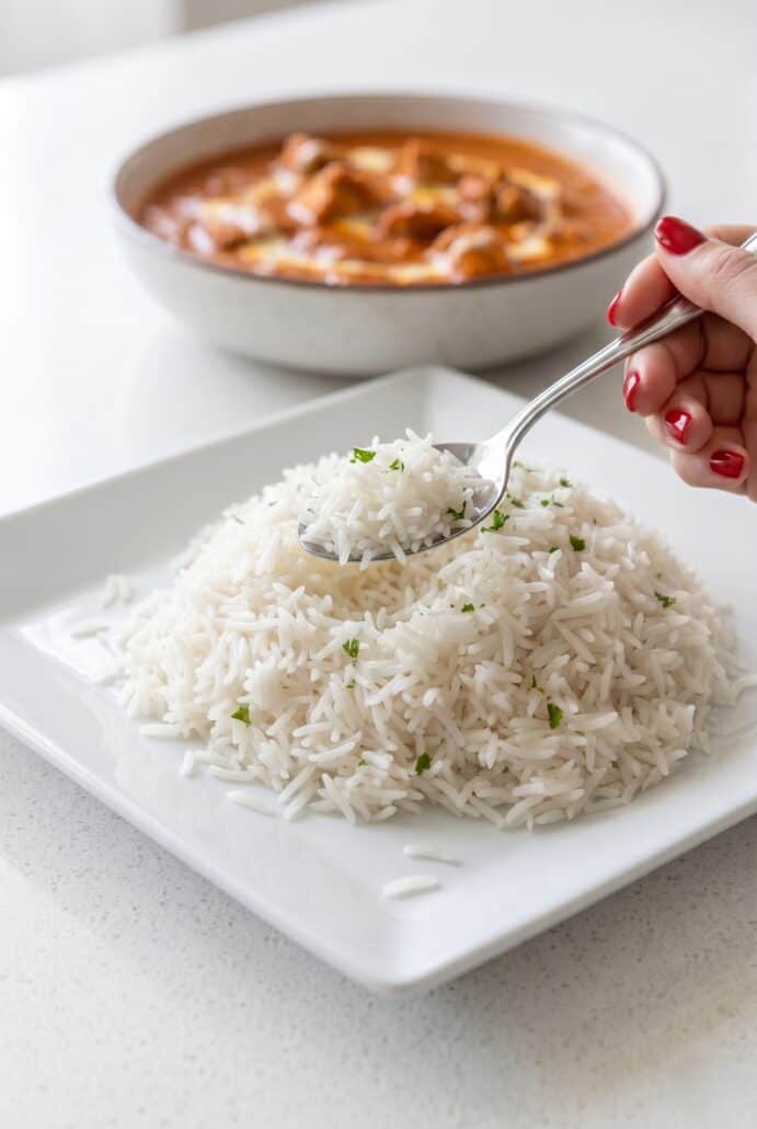 Fluffy basmati rice being served with a spoon alongside a flavorful curry.