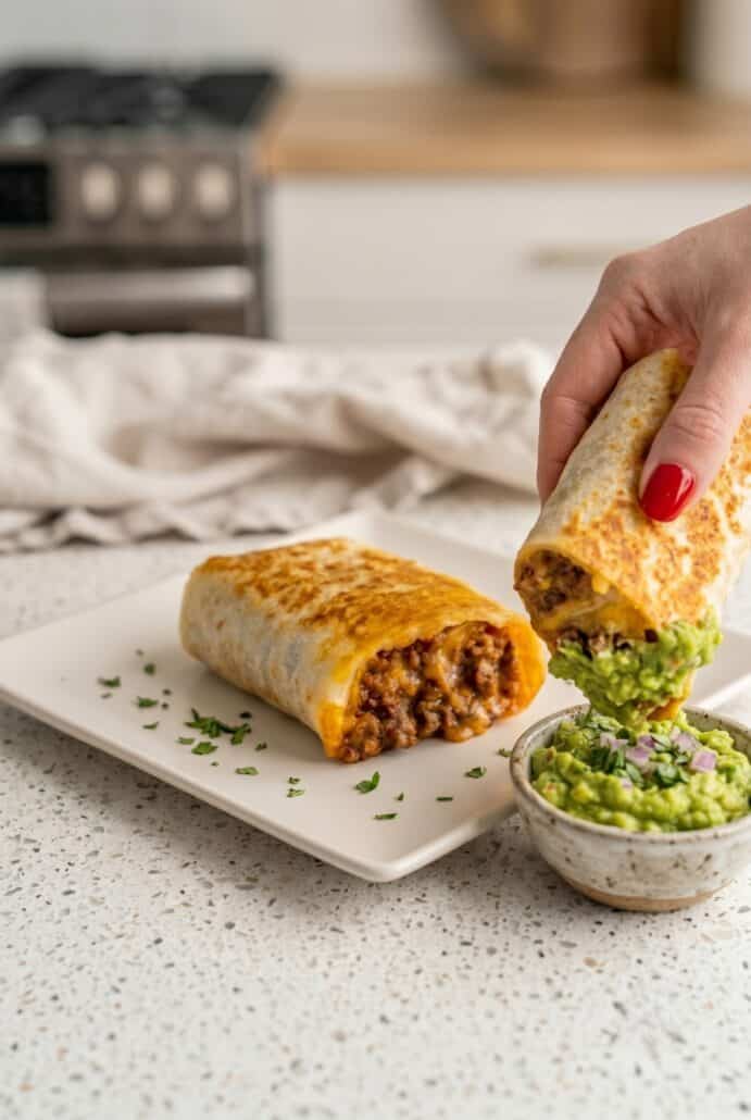 Hand dipping a crispy beef and cheese chimichanga into guacamole.