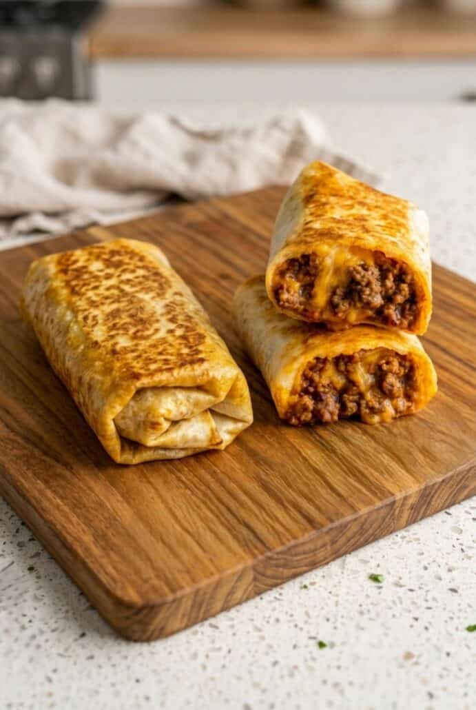 Crispy baked beef and cheese chimichangas on a cutting board with seasoned ground beef filling visible.