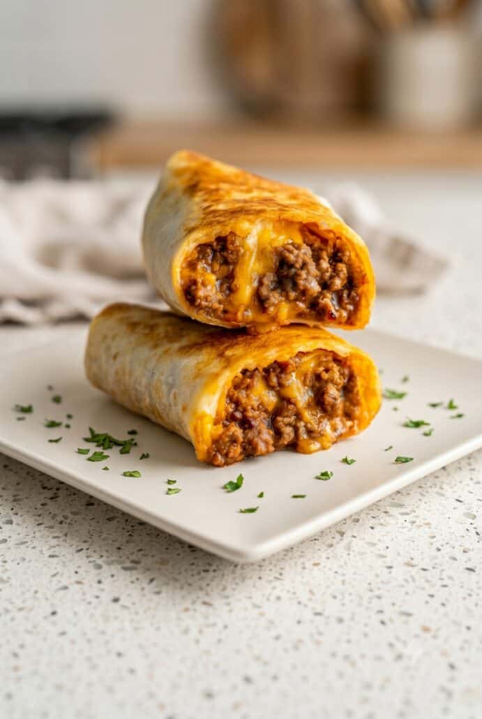 Stacked baked beef and cheese chimichangas with crispy tortillas.