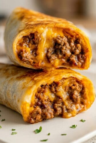Beef and Cheese Chimichangas Recipe (Crispy, Cheesy & So Satisfying!) Beef and cheese chimichangas cut open showing crispy tortilla and seasoned ground beef filling.