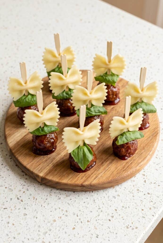 Finished bowtie pasta and cocktail meatball skewers on a wooden board for a fun party appetizer.