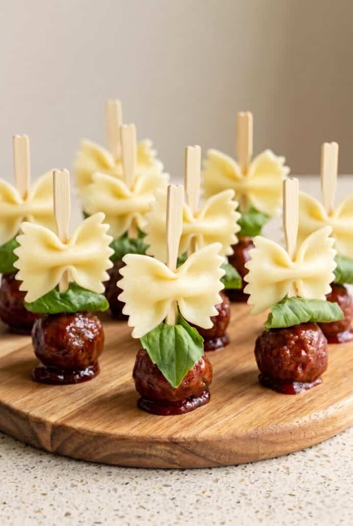Bowtie pasta and cocktail meatball skewers with basil for easy party appetizer.
