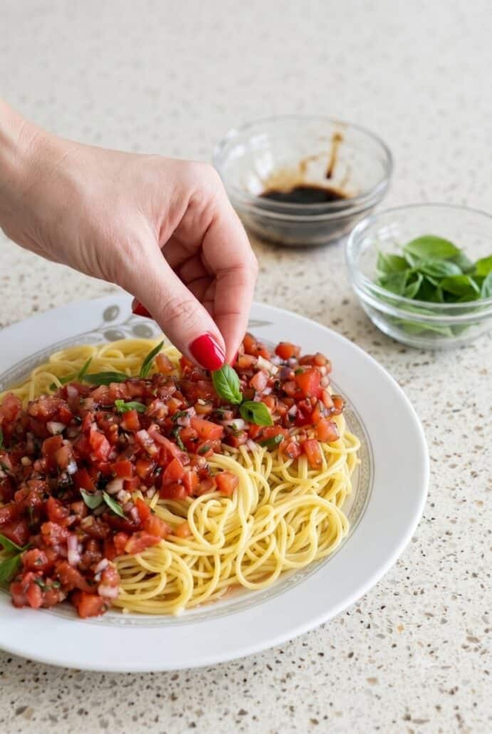 Adding fresh bruschetta tomato topping to spaghetti for an easy bruschetta pasta salad.