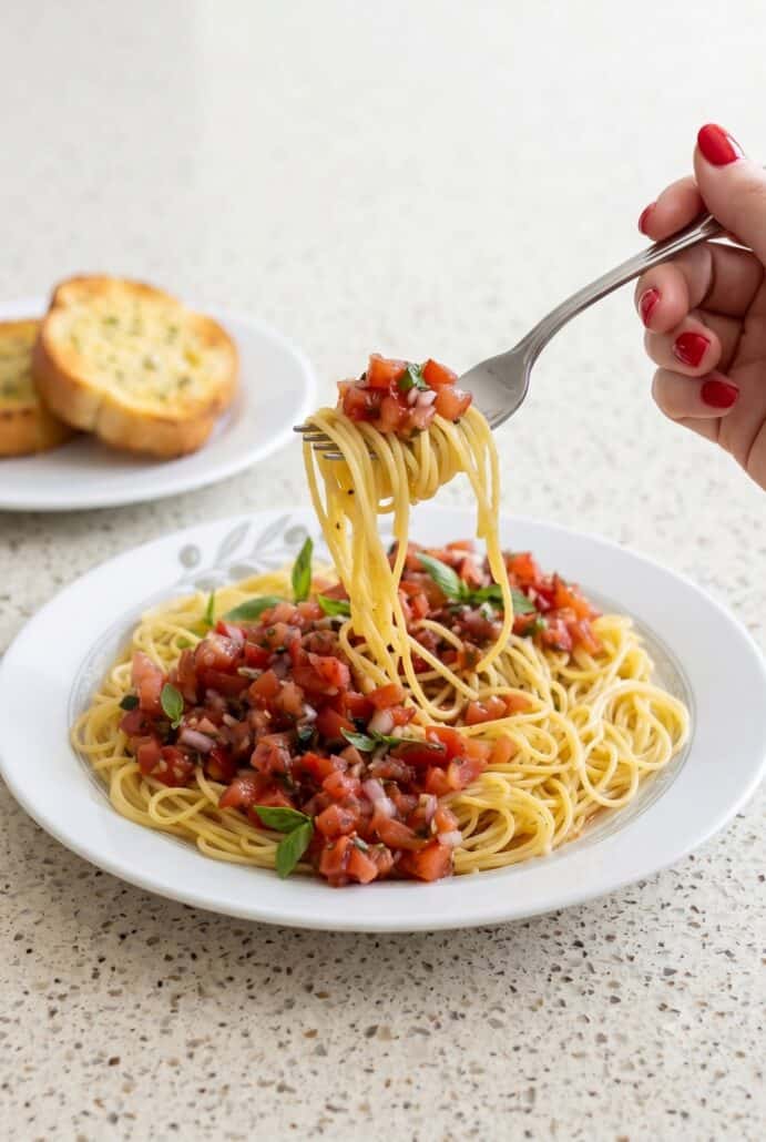 Fork lifting spaghetti from bruschetta pasta salad with fresh tomato basil topping and garlic bread in the background.