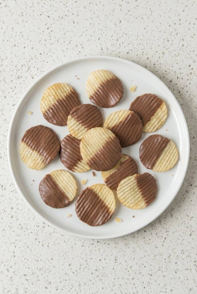 Chocolate Potato Chips served on a plate for an easy sweet and salty dessert.
