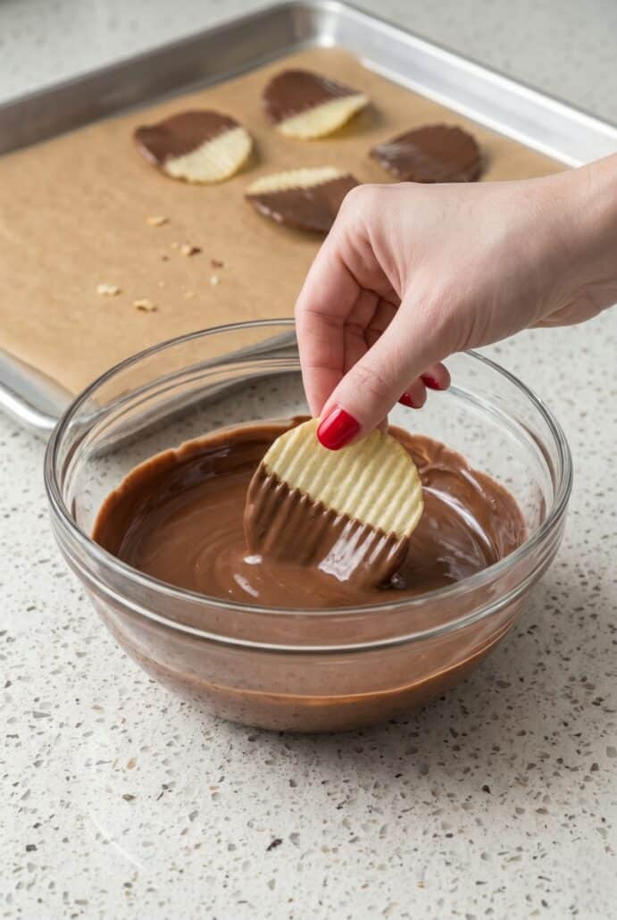 Ridged potato chip dipped in melted chocolate for homemade Chocolate Potato Chips.