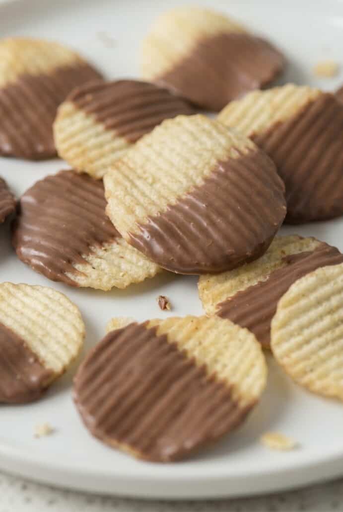 Chocolate dipped ridged potato chips for an easy sweet and salty snack.