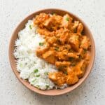 Coconut chicken rice bowl with creamy sauce served over white rice and fresh cilantro.