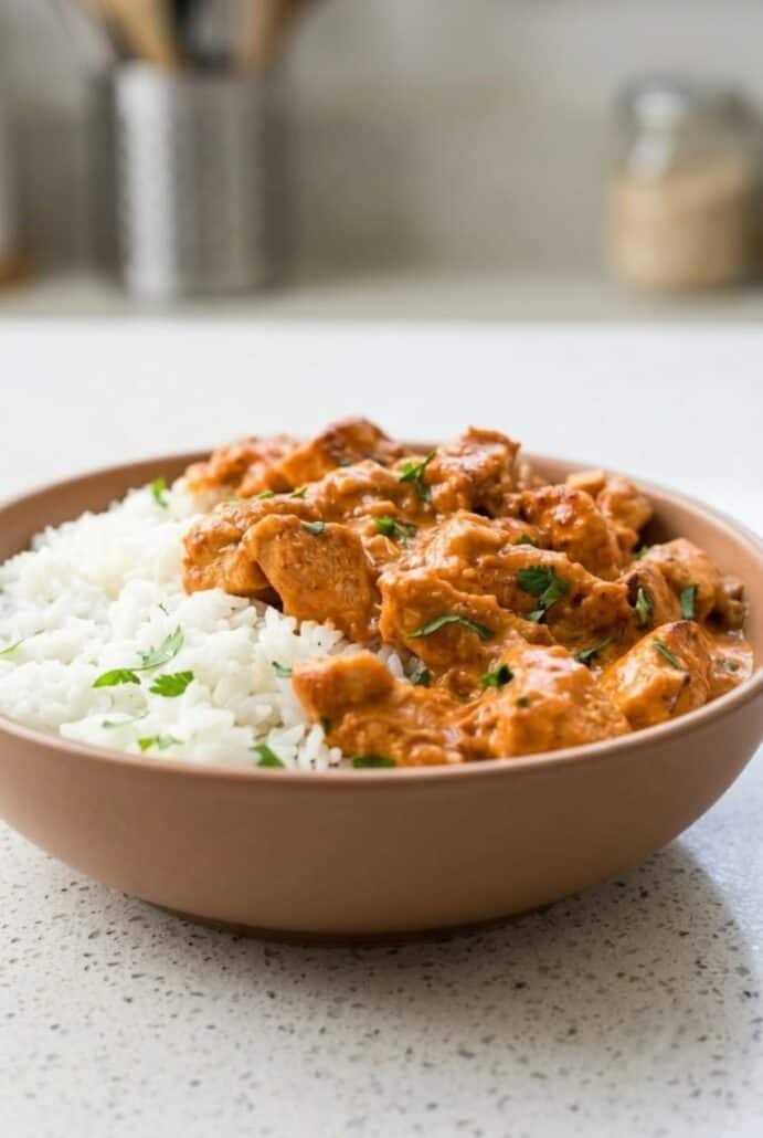 Coconut chicken rice bowl with creamy coconut sauce, white rice, and fresh cilantro garnish.