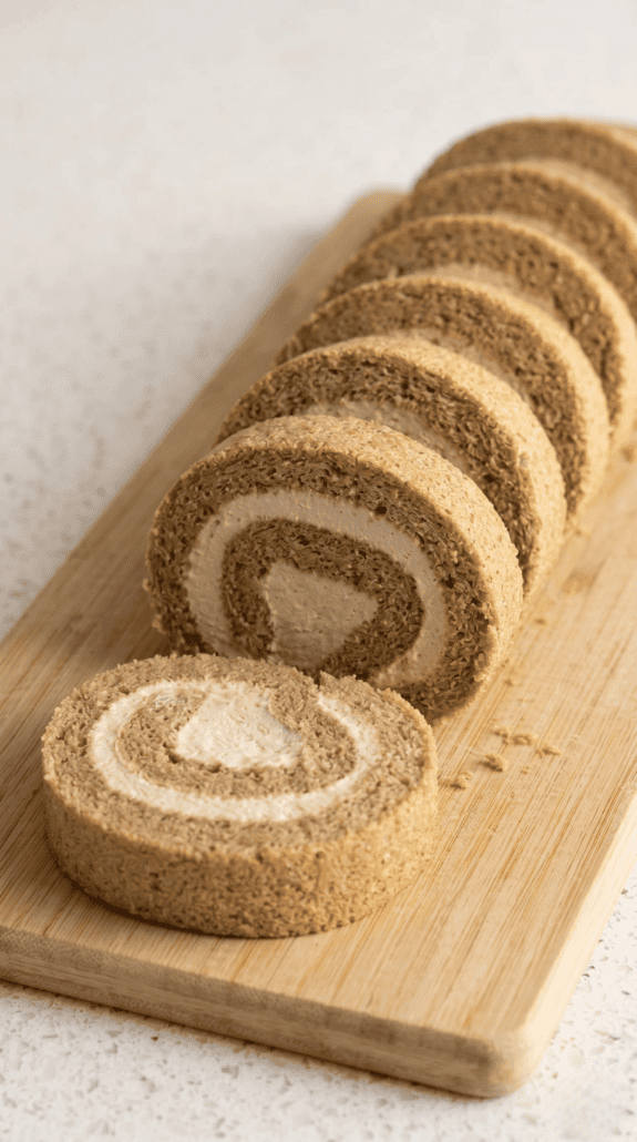 Sliced Coffee Swiss Roll showing the soft coffee cake and espresso cream swirl.