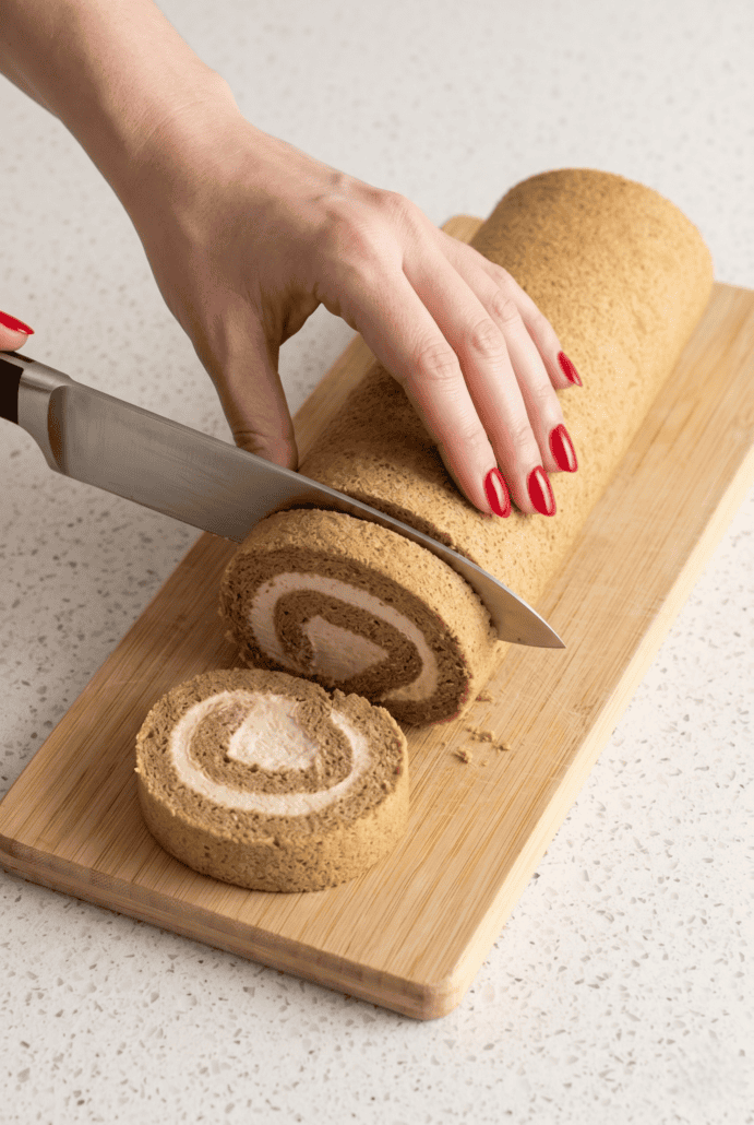 Slicing a Coffee Swiss Roll to reveal the espresso cream swirl.