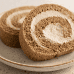 Sliced Coffee Swiss Roll with espresso whipped cream filling.