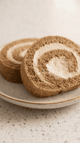 Coffee Swiss Roll Recipe With Rich Coffee Cream Filling Sliced Coffee Swiss Roll with espresso whipped cream filling.