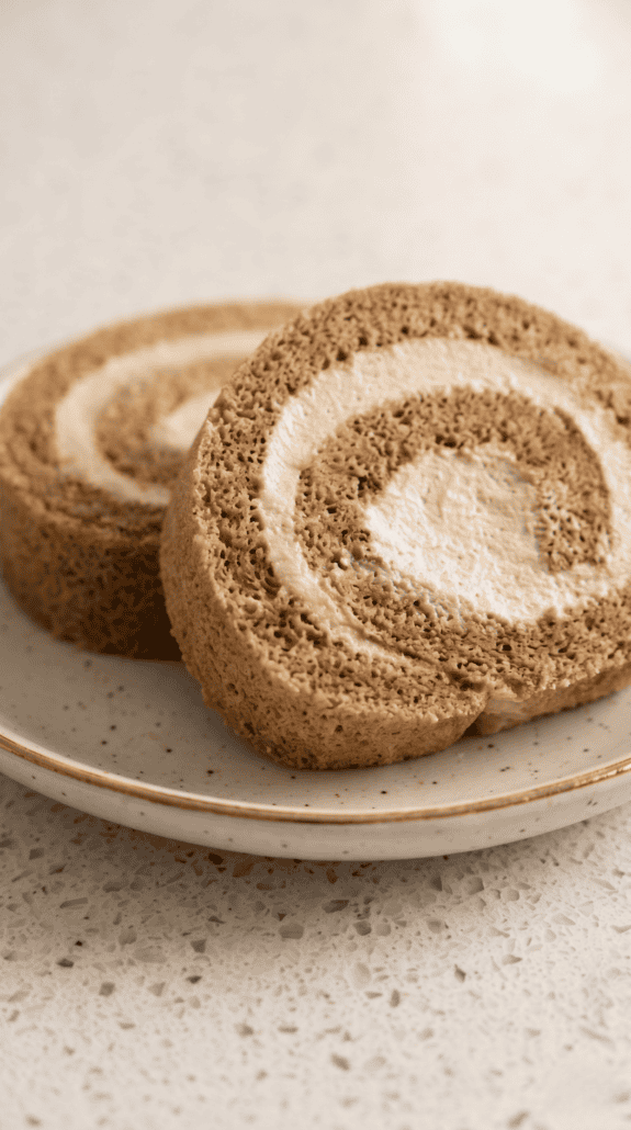 Sliced Coffee Swiss Roll with espresso whipped cream filling.