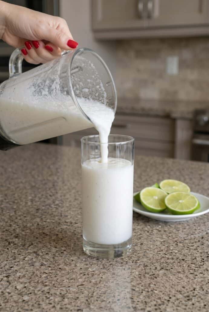 Pouring creamy Colombian coconut limeade into a glass with fresh lime slices nearby.