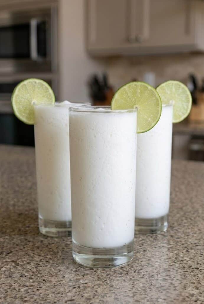 Glasses of creamy Colombian coconut limeade garnished with fresh lime slices.