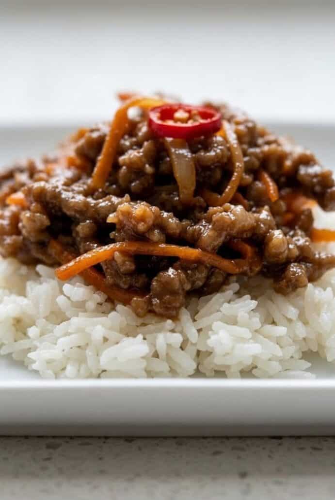 Crispy chilli beef served over white rice with carrots and red chilli.