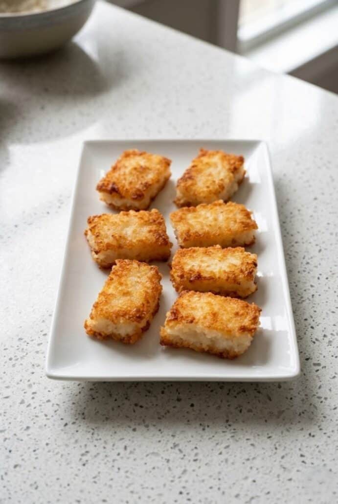 Golden crispy rice squares on a white plate for easy homemade appetizer recipe.