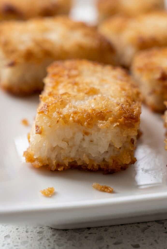 Crispy rice square with golden crunchy outside and soft center for appetizer recipe.