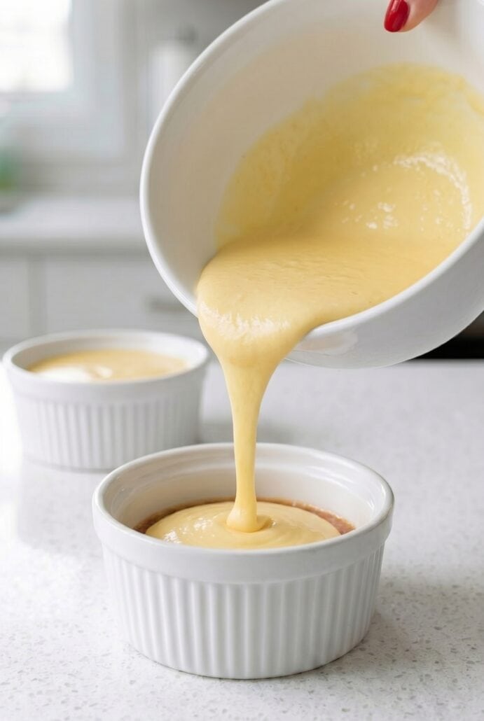 Custard mixture being poured into ramekins for eggless caramel pudding.