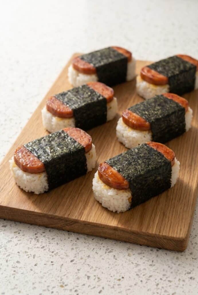 Hawaiian Spam musubi on a wooden board with glazed Spam, sticky rice, and nori for an easy homemade snack.