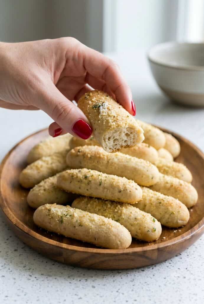 Hand pulling apart a soft homemade breadstick topped with garlic butter and Parmesan.