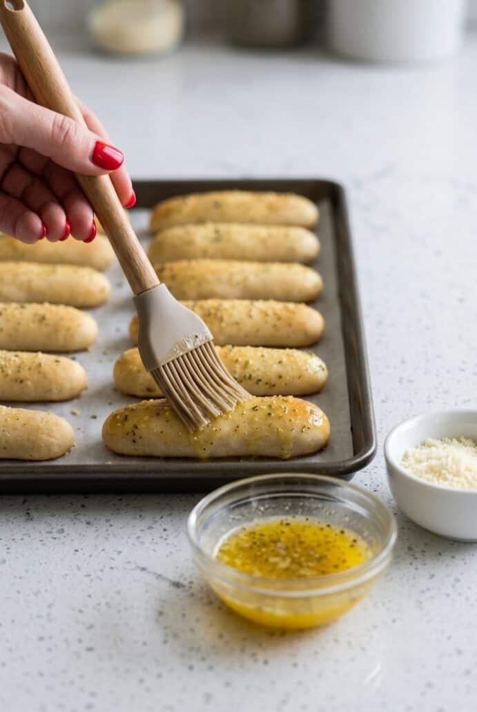 Brushing homemade breadsticks with garlic butter before adding Parmesan cheese.