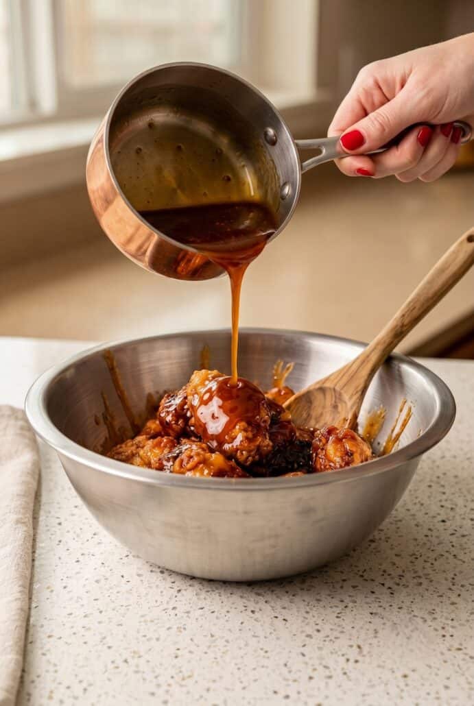 Homemade Hot Honey Peach Wings being tossed in a sweet and spicy peach glaze before serving.