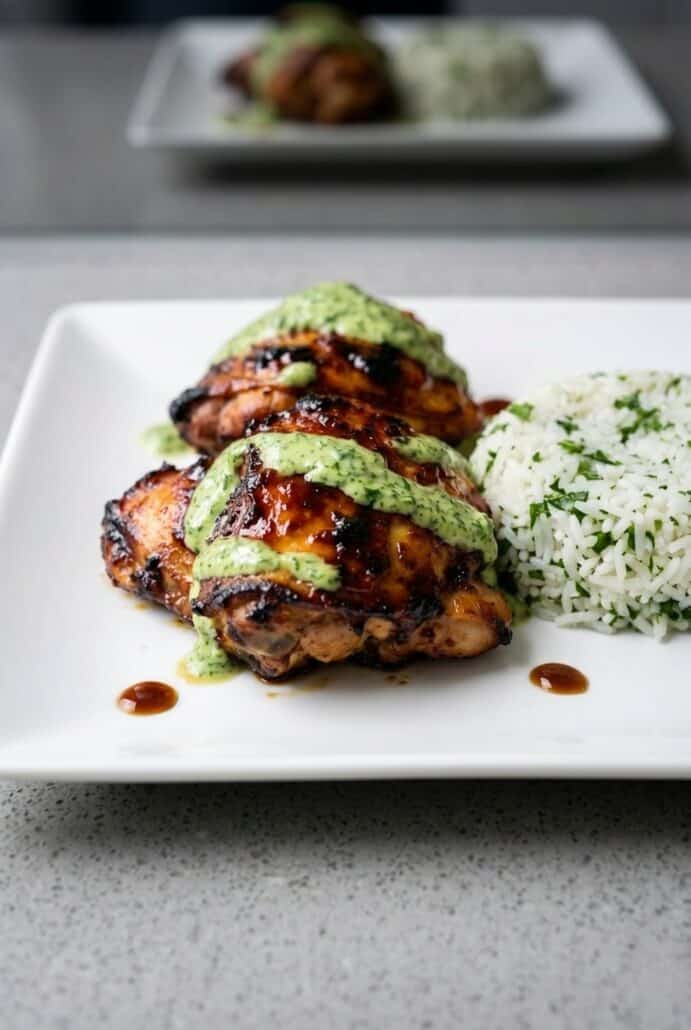 Peruvian chicken drizzled with green sauce and served with cilantro rice.
