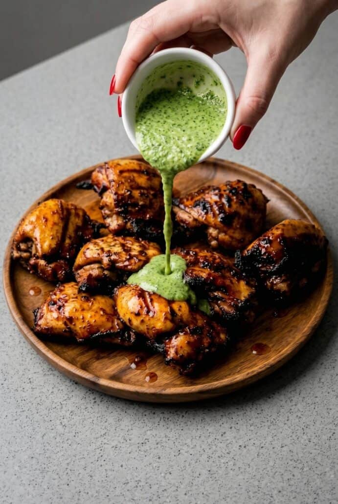 Grilled Peruvian chicken with creamy green sauce being poured on top.